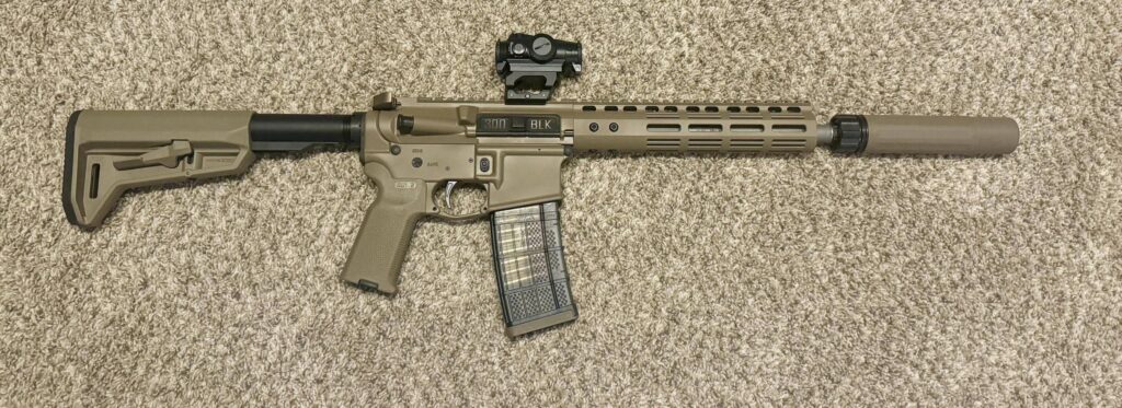 Suppressed tan AR-15 SBR