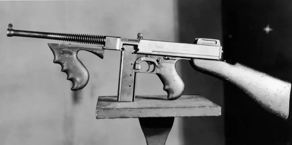 Black and white photo of a Thompson Submachine gun