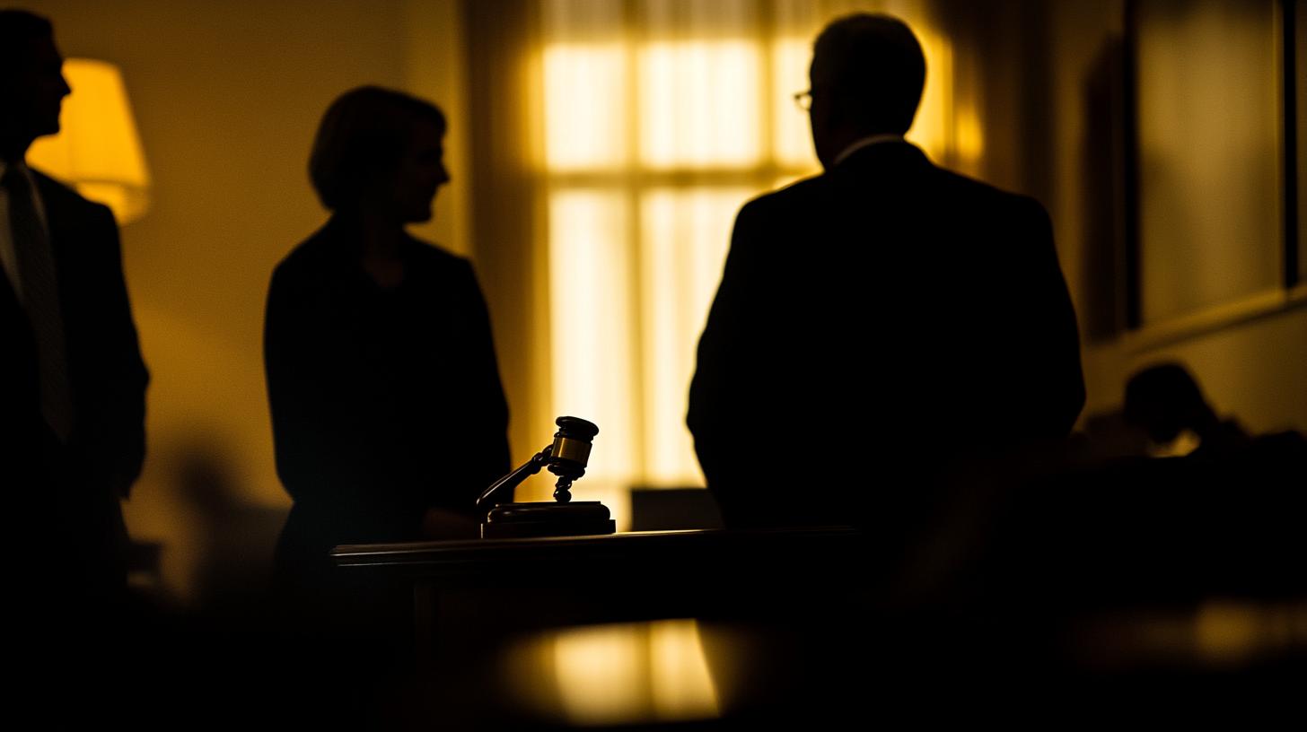 Silhouettes of people in a courtroom with a focus on a judge's gavel on the table