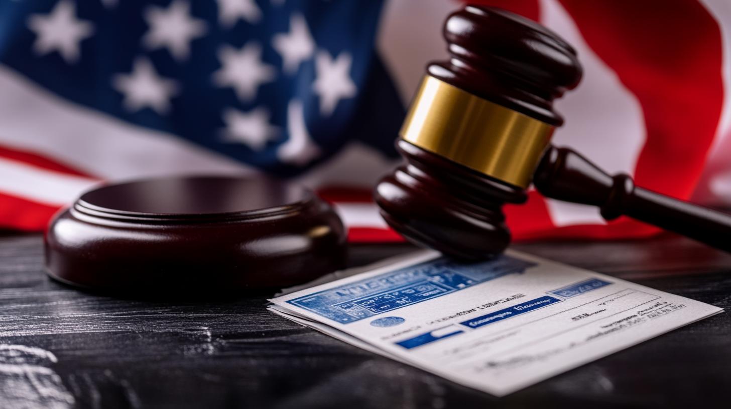 Gavel on a check with the USA flag in the background symbolizing legal and financial matters in America.