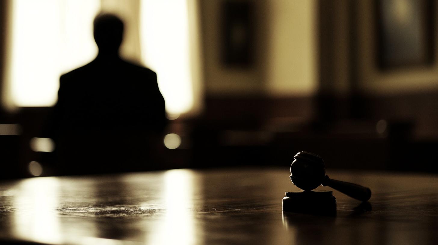 Gavel on a courtroom table with a silhouette of a person in the background representing justice and legal proceedings.