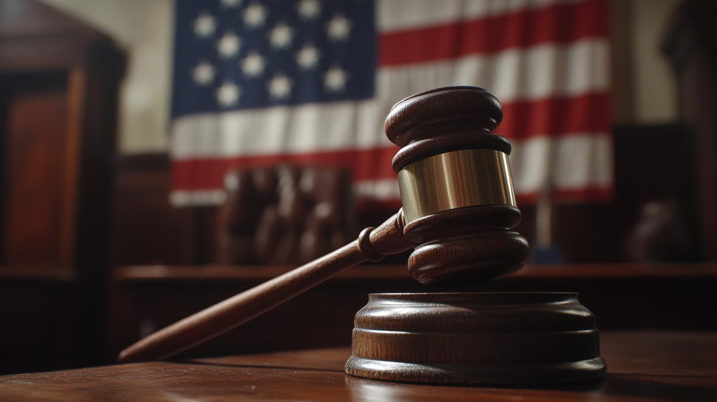 Gavel on wooden desk in courtroom with American flag in background symbolizing justice and law in the United States.