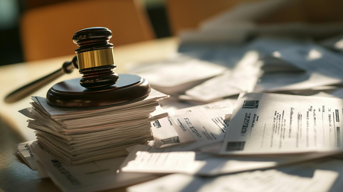 Wooden gavel placed on a stack of legal documents symbolizing justice and legal proceedings in a courtroom setting.