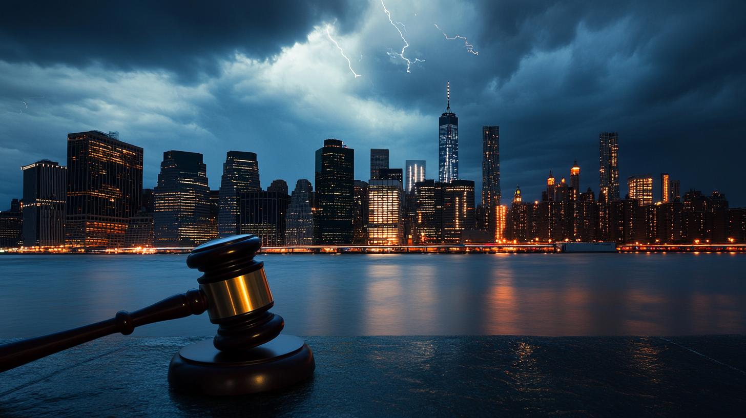 Gavel on a surface with thunderstorm over a city skyline at night