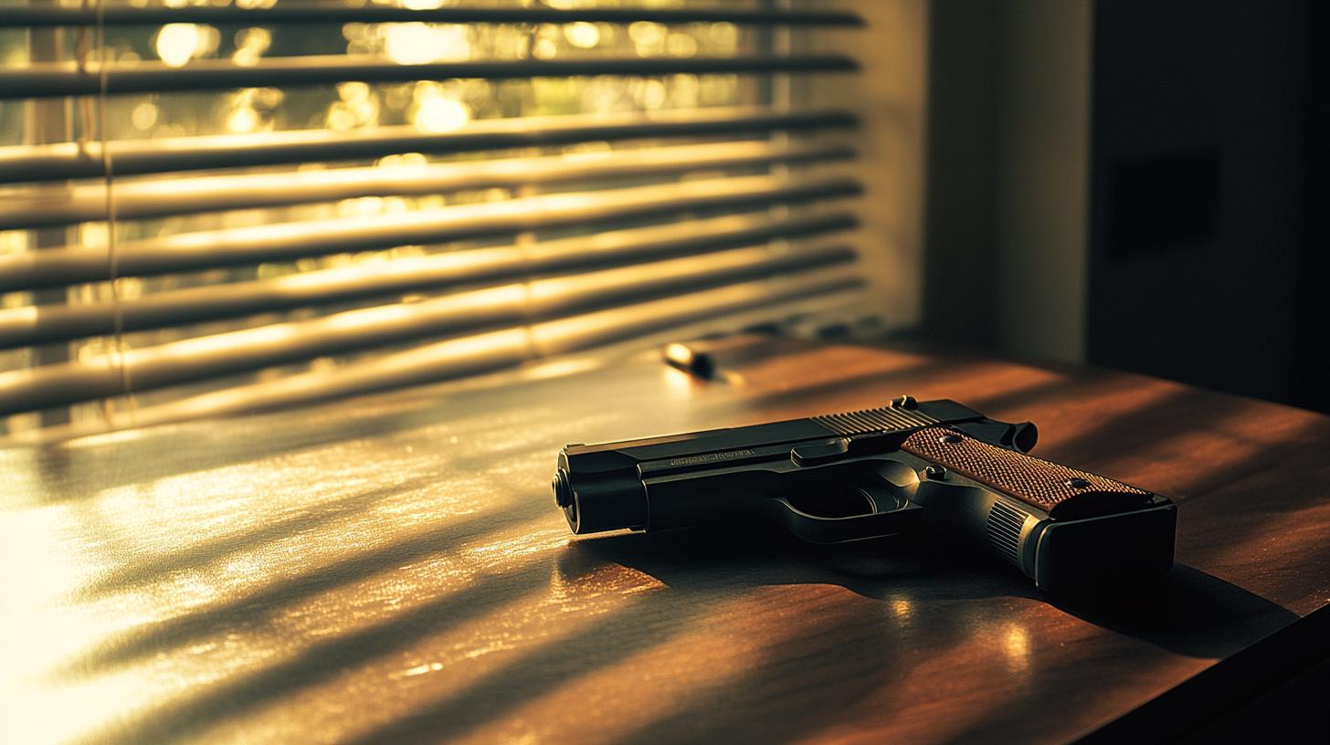 Handgun resting on a wooden table in a dimly lit room with sunlight filtering through blinds for dramatic effect