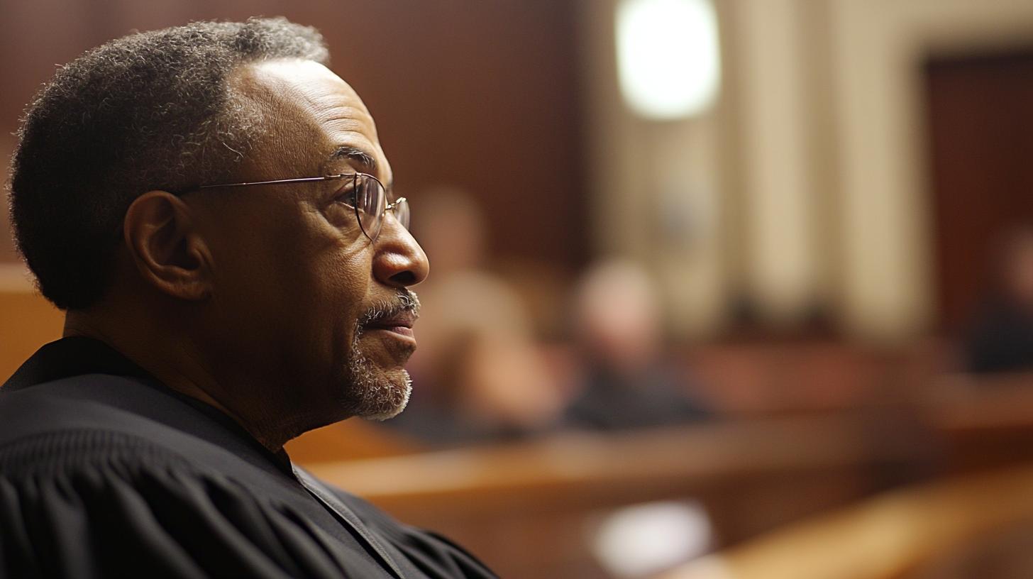 Side profile of a judge wearing glasses and robes sitting in a courtroom setting