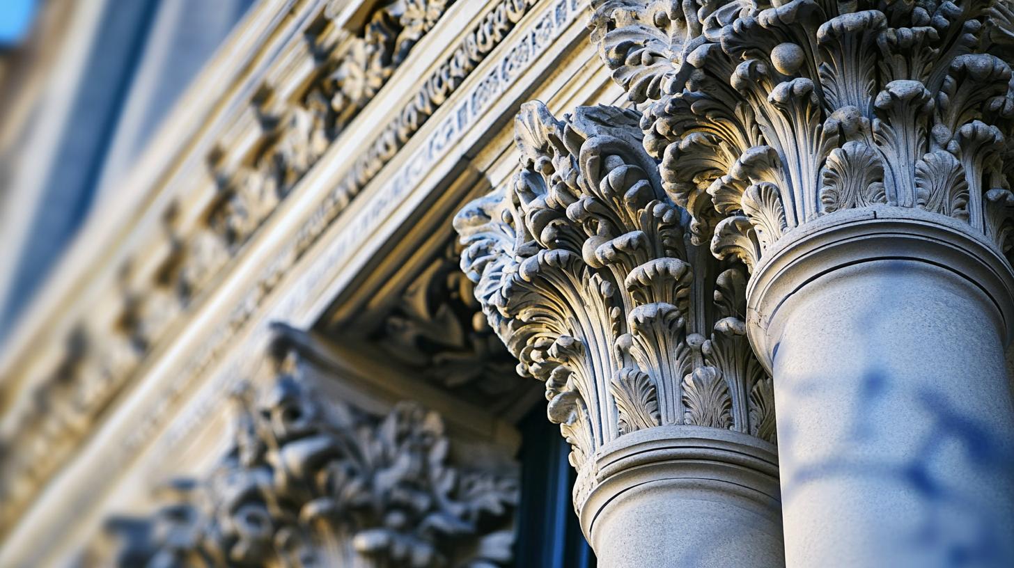 Ornate Corinthian columns with intricate floral designs on a historical building facade