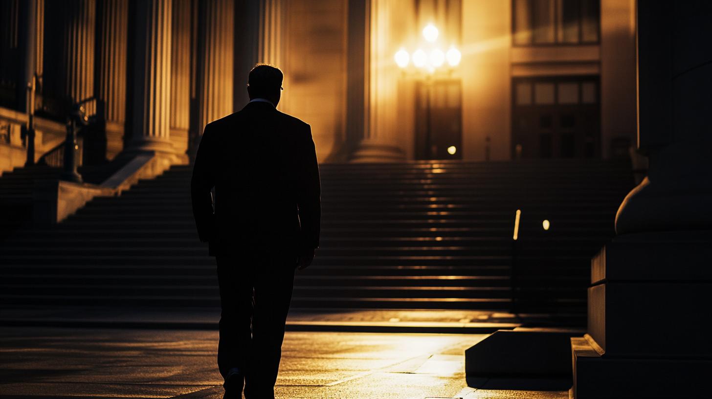 A silhouetted man in a suit walking towards an illuminated courthouse at dusk symbolizing ambition and justice.