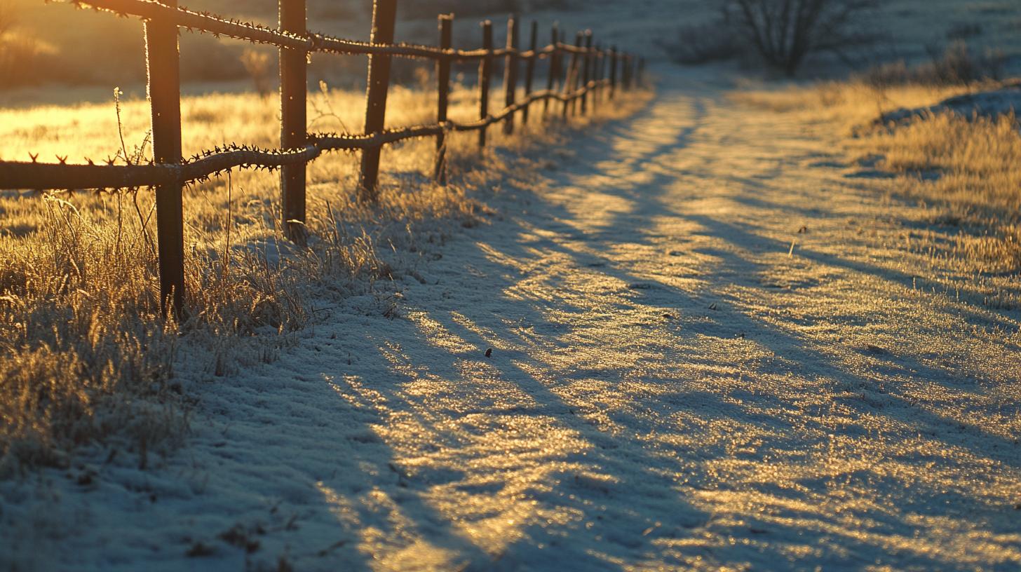 Snow-covered path with fence and golden sunrise shadows