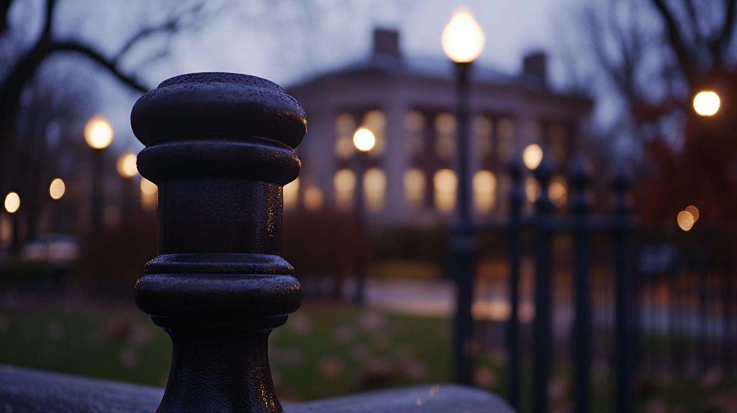 Blurred cityscape at dusk with streetlights and a decorative metal post in the foreground.