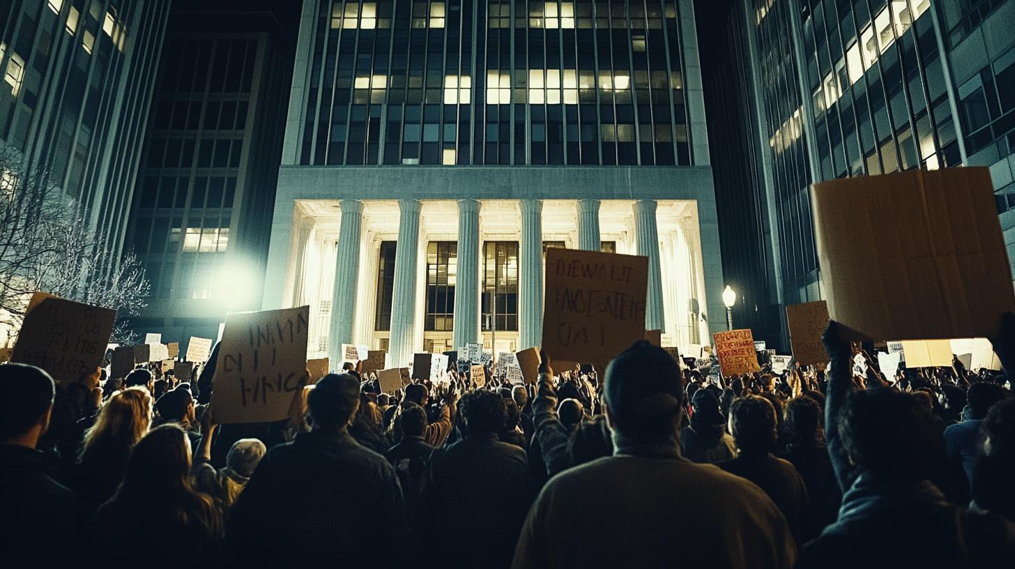 Crowd of people holding signs during a nighttime protest in front of a government building