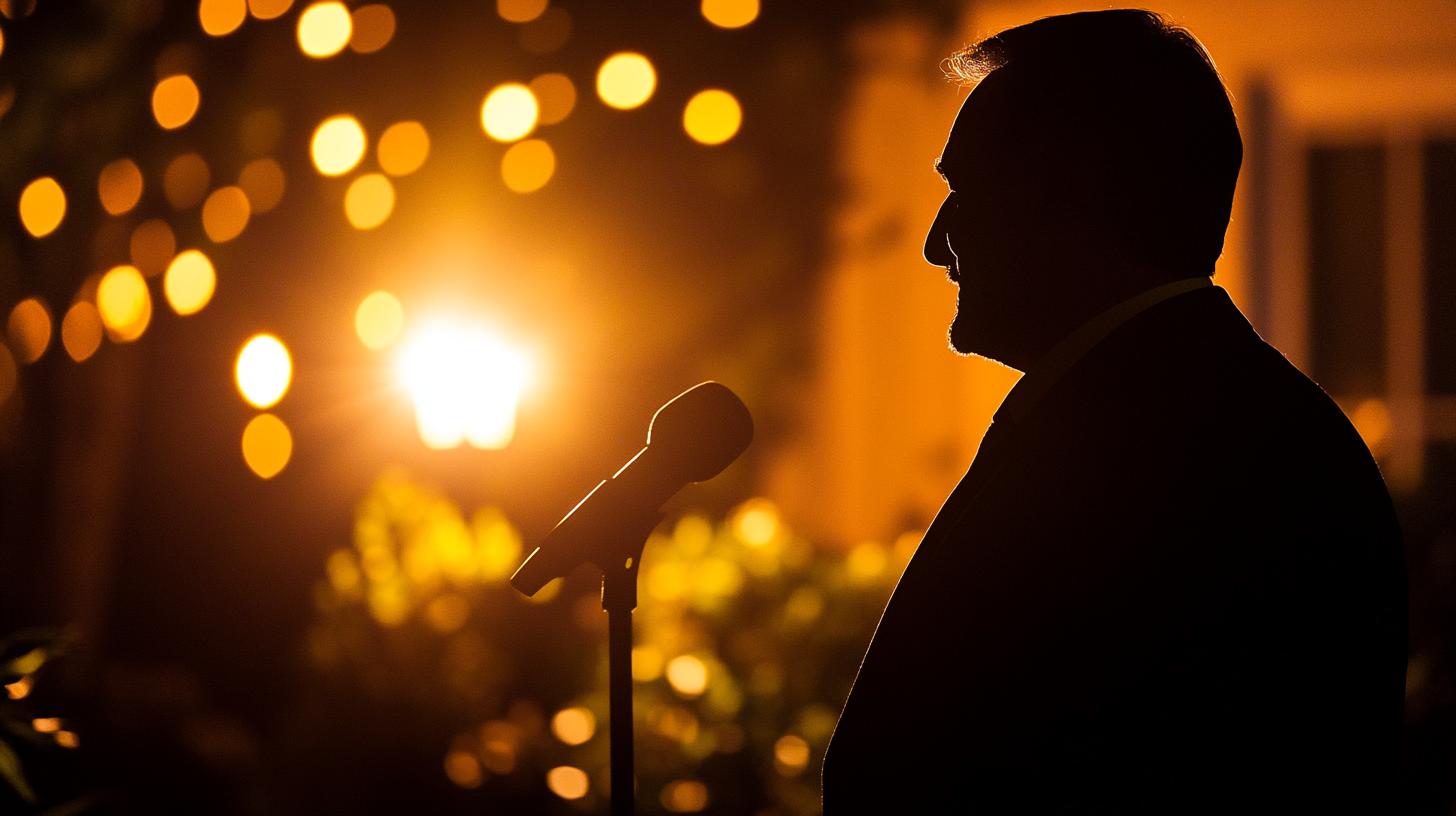 Silhouette of a man speaking into a microphone against a backdrop of warm bokeh lights creating a dramatic and moody atmosphere.