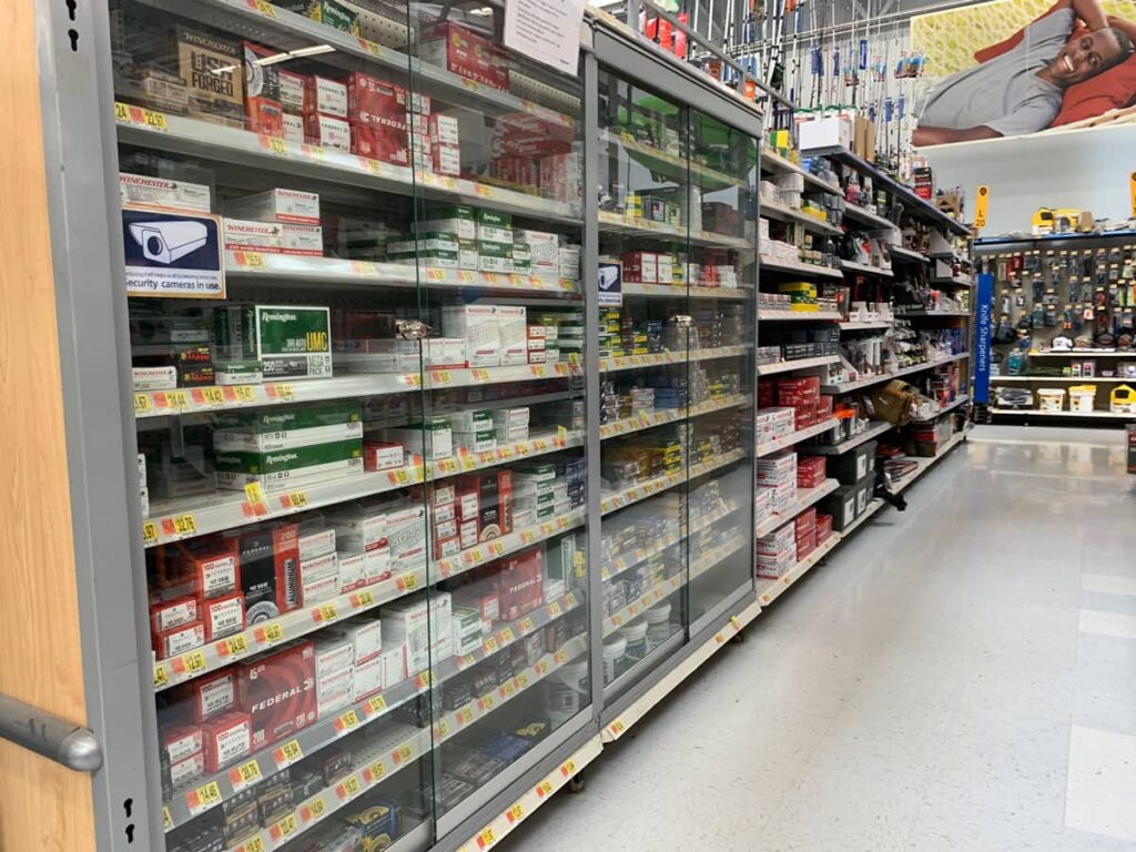 Ammo aisle at sporting goods store.