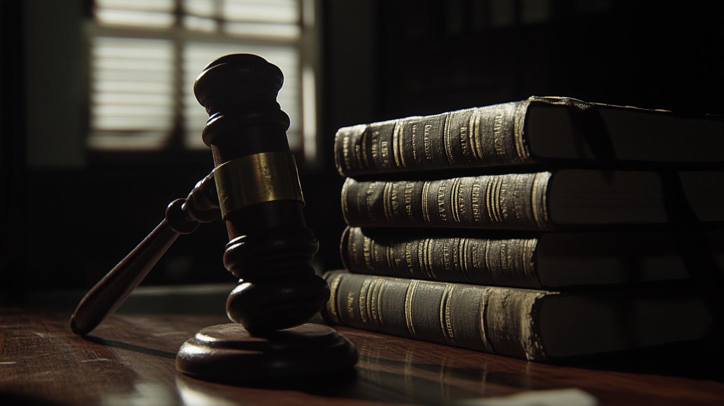 Wooden gavel on a table next to a stack of law books in a dimly lit courtroom setting.