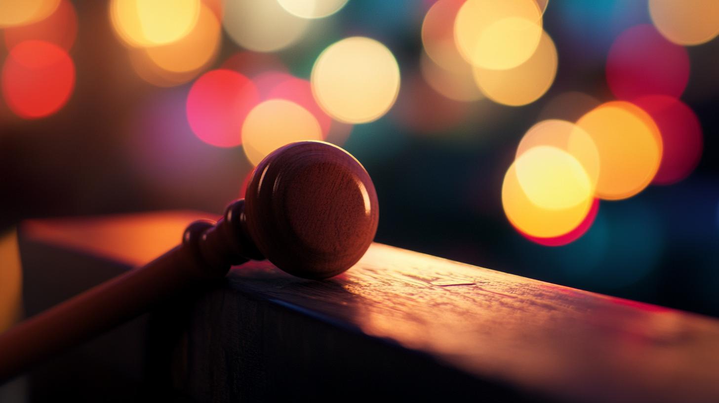 Wooden gavel on a bench with colorful blurred lights in the background conveying justice and law themes.